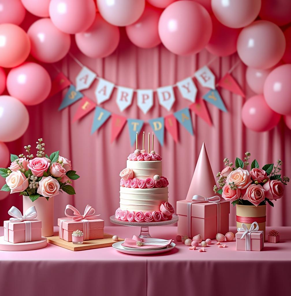  birthday photo scene, without people, rich details, visually appealing, main color tone is pink, colorful decorations, balloons, cake, presents, vibrant atmosphere, festive mood, floral arrangements, party hats, table setting, bunting banners, soft pastel colors, elegant backdrop, stylish props. highly detailed photo, sharp details, best quality, 4k, raw photo photo realistic, highly intricate and detailed, masterpiece, ultra high res,photography,8k resolution