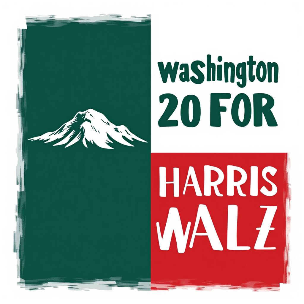  a tshirt design inspired by the washington state flag. the left side features a green vertical stripe with a large mountain in the center. the right side is divided into two horizontal sections: the top section is white with the text 'washington for' in bold, green, uppercase letters, and the bottom section is red with the text 'harris walz 2024' in bold, white, uppercase letters. the overall layout is clean and straightforward, with a clear and patriotic color scheme of blue, white, and red.