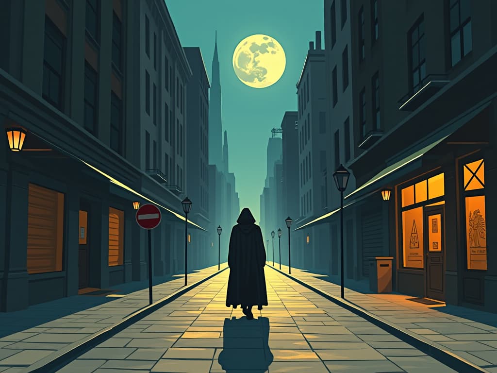  a cityscape with empty streets, closed cafes, a figure in a long cloak walking alone, moonlight casting long shadows, representing avoidance of busy places. the style is digital art illustration / modern comic book / mysterious occult, symbolic, esoteric vibe,high detail on character design, incorporating ancient egyptian symbology and attire.