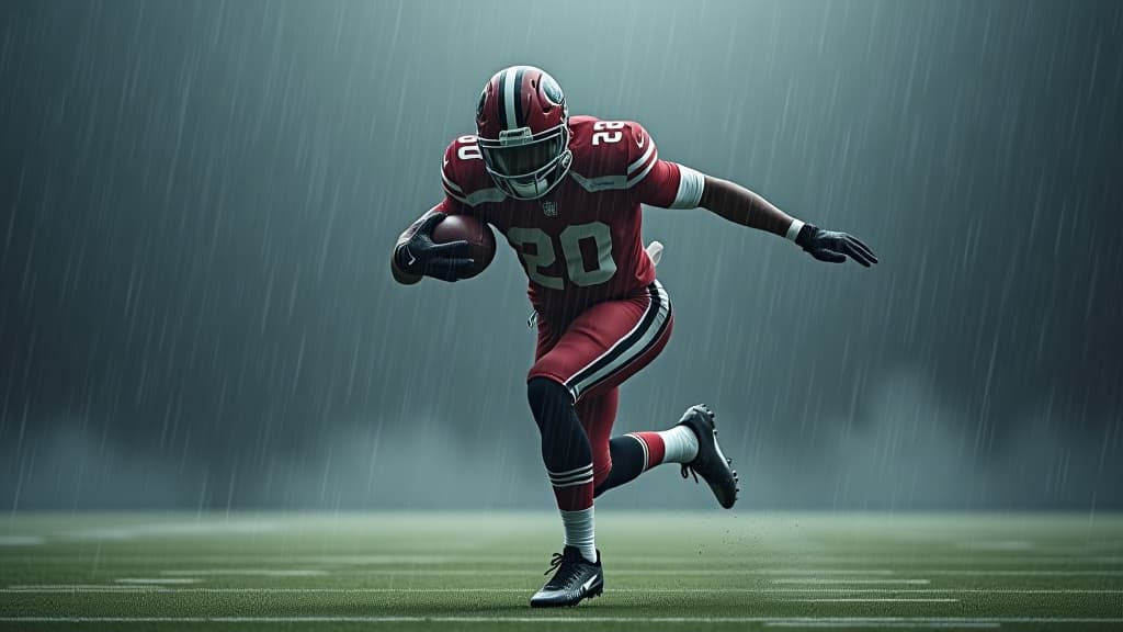  an american football player mid flight in the rain