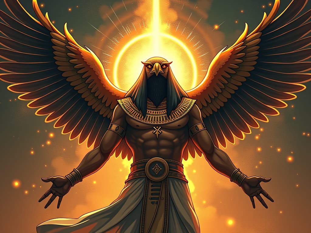  horus, the falcon headed god, wings outstretched, dissolving into radiant energy, cosmic unity emanating from his being. the style is digital art illustration / modern comic book / mysterious occult, symbolic, esoteric vibe,high detail on character design, incorporating ancient egyptian symbology and attire.