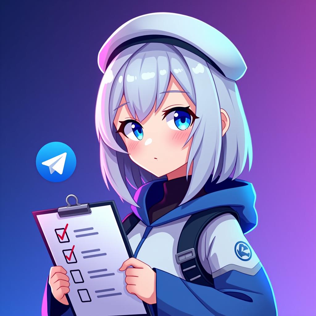  good quality, high quality, a profile picture for a telegram group management bot featuring emilia from re:zero. emilia is depicted with her silver hair and blue eyes, with hat, holding a stylized clipboard with a checklist. the background is a soft gradient of telegram logo purple and blue, symbolizing efficiency and organization. the telegram iconic logo is subtly integrated into the background, starting small near emilia and gradually growing in size and brightness as it moves outward, blending smoothly with the gradient colors.