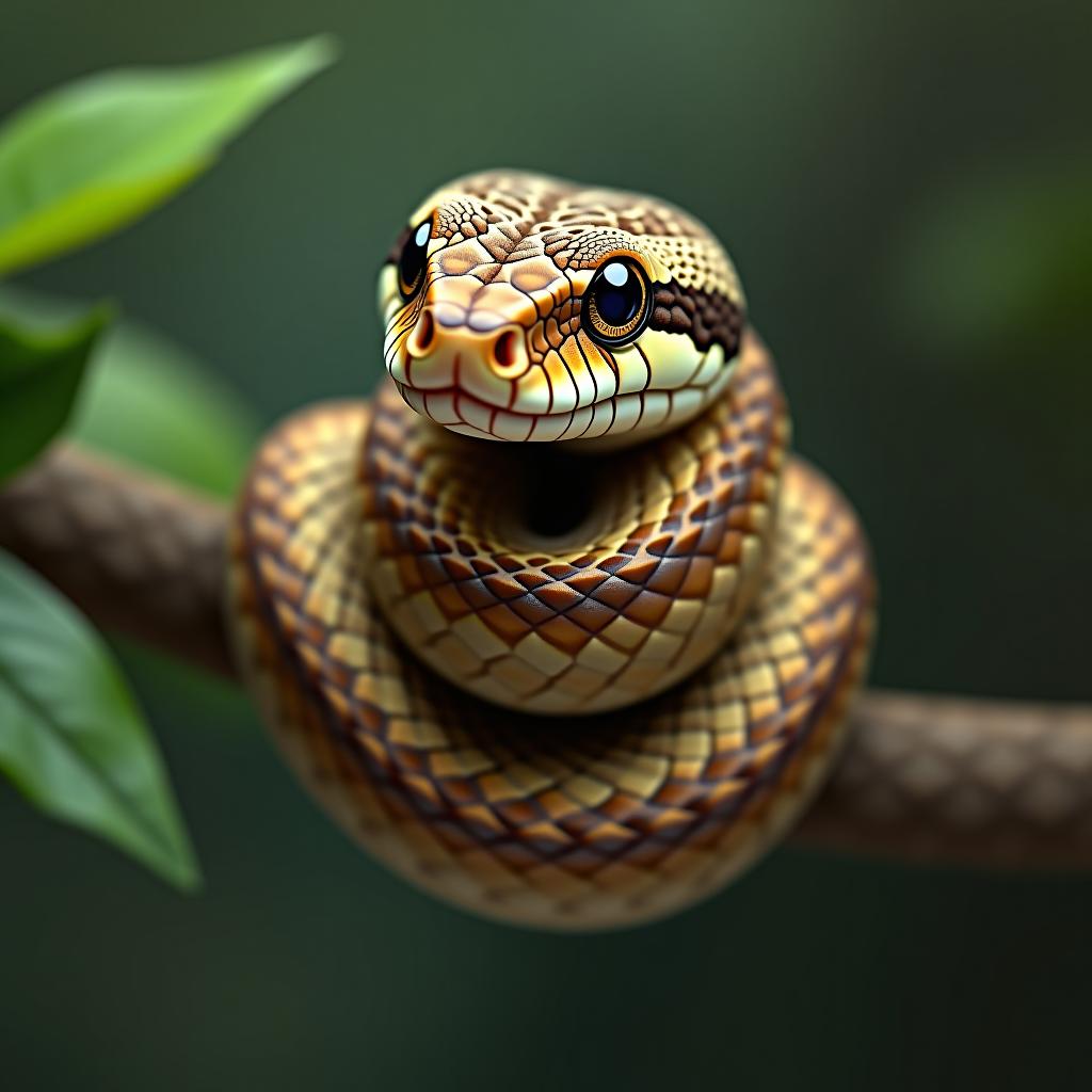  a cute snake is sitting wrapped around a branch.