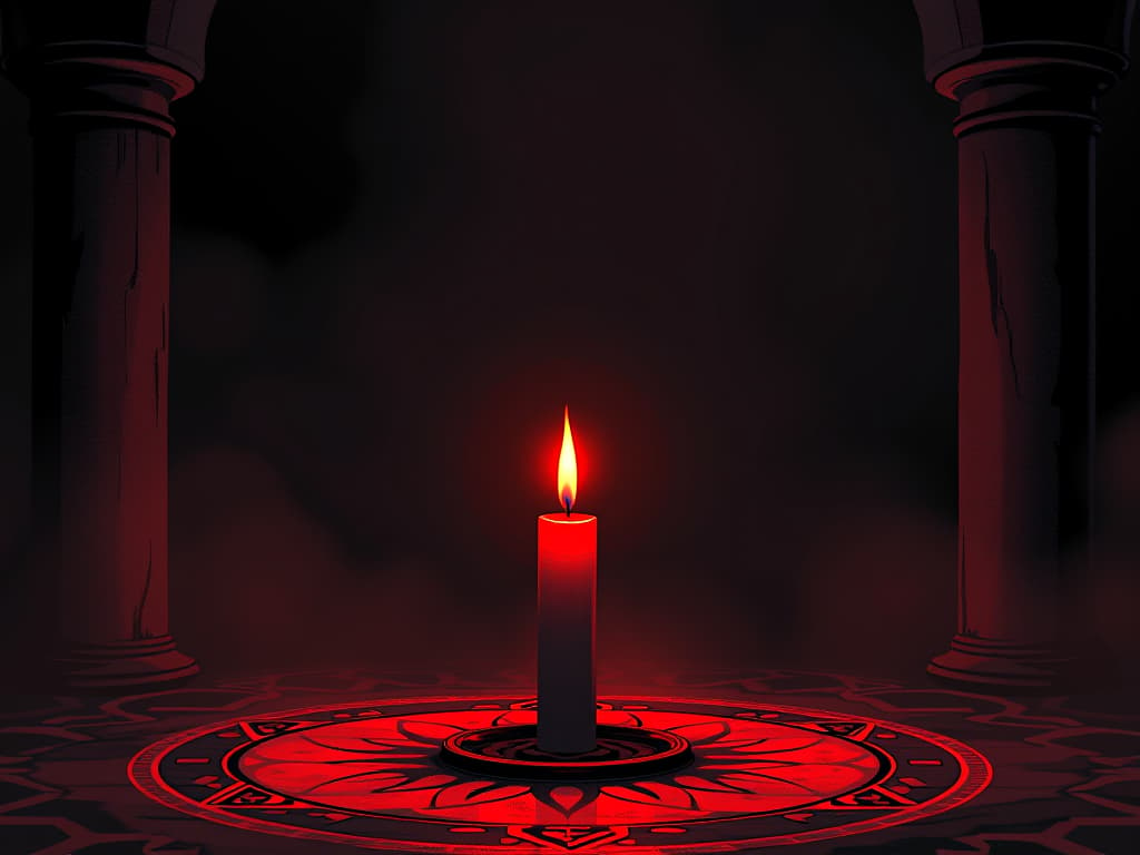  red candle burning alone in darkness, simple altar, flame of inspiration. the style is digital art illustration / modern comic book / graphic dark novel fantasy and mysterious occult, symbolic, moody lighting, esoteric vibe,high detail on character design. for the color scheme emphasize blacks and reds.