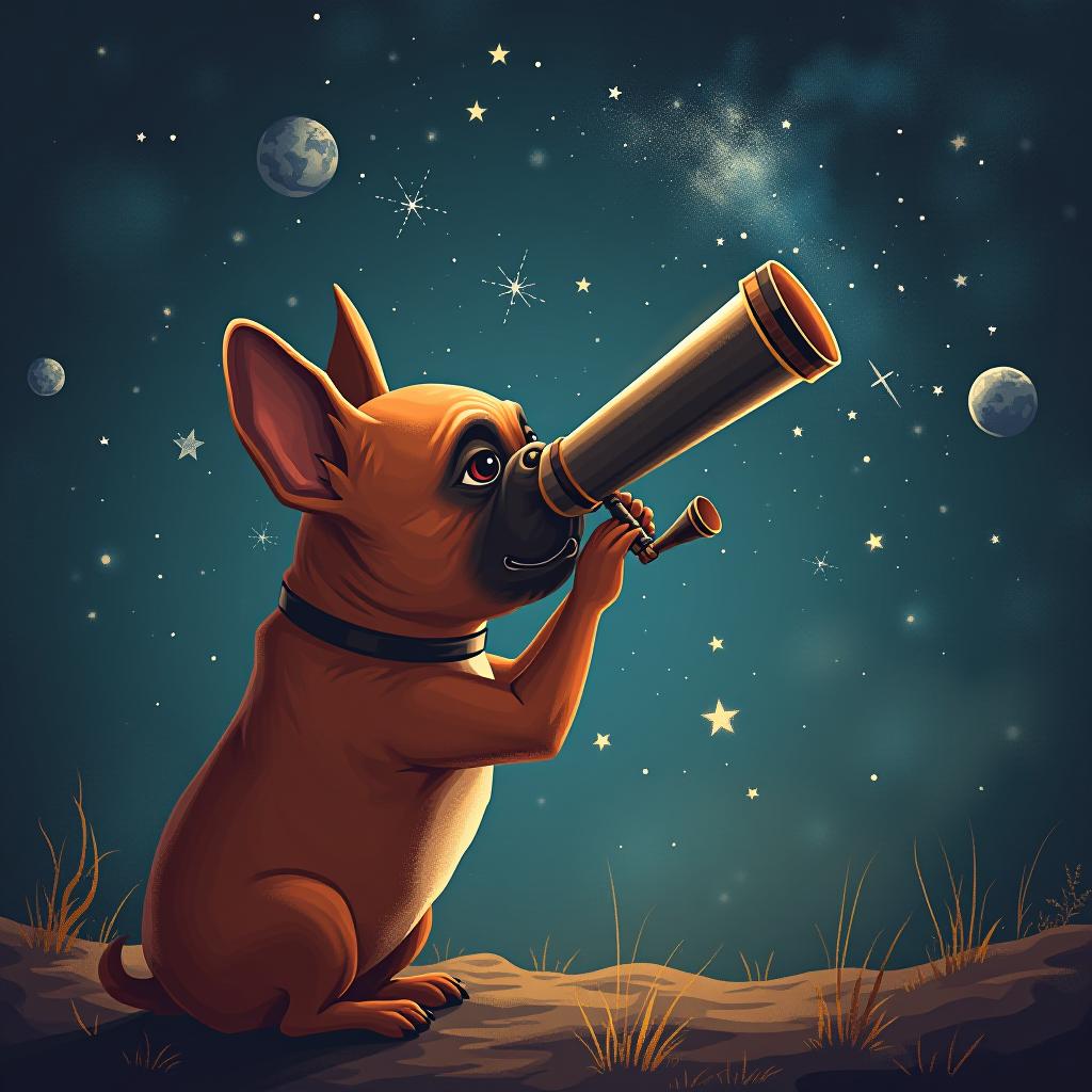  the red french bulldog is looking through a telescope and studying the stars.