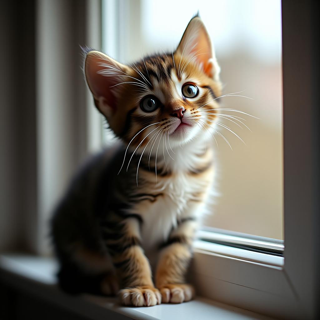  the little kitten is sitting on the window.