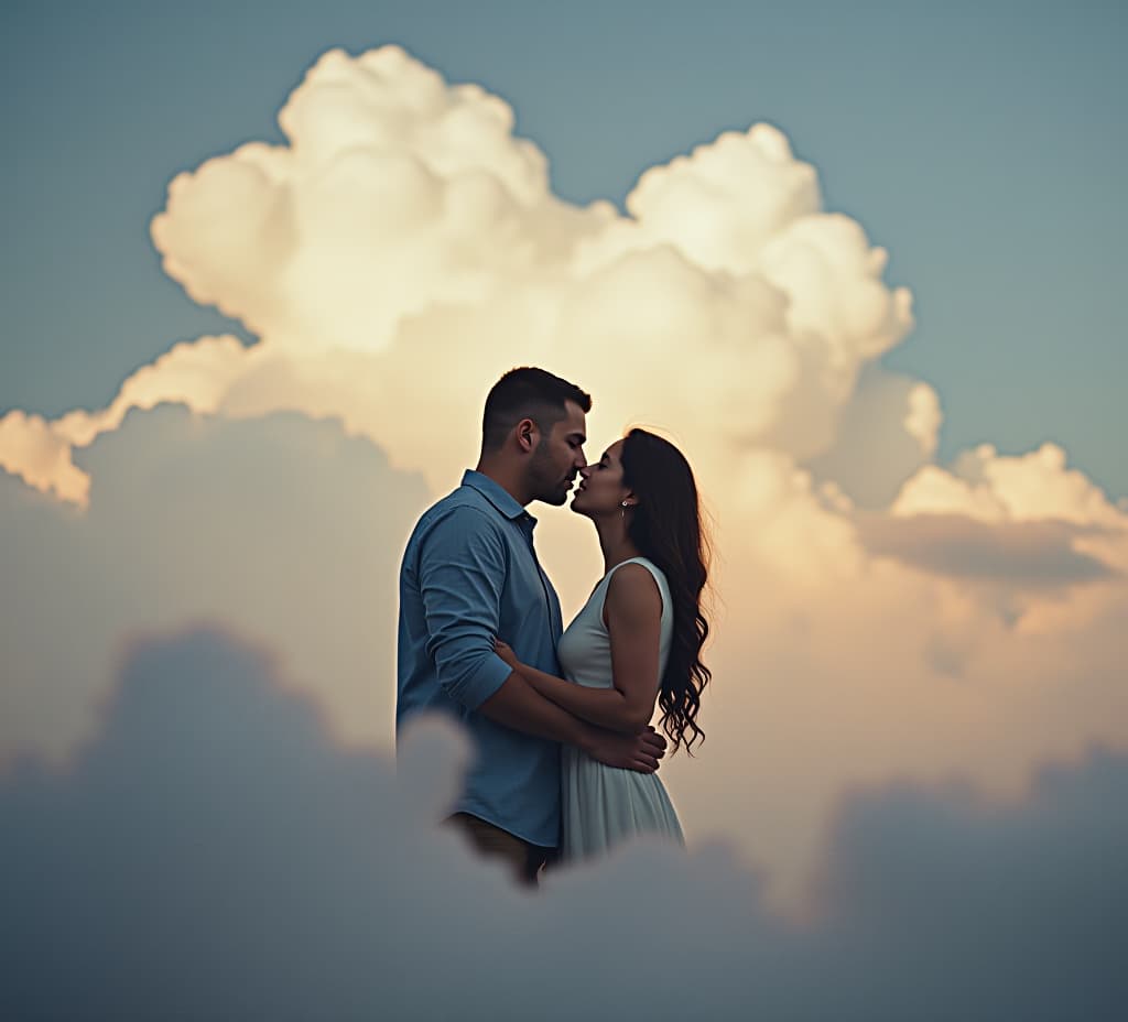  beautiful young couple in love kissing and hugging on a background of clouds