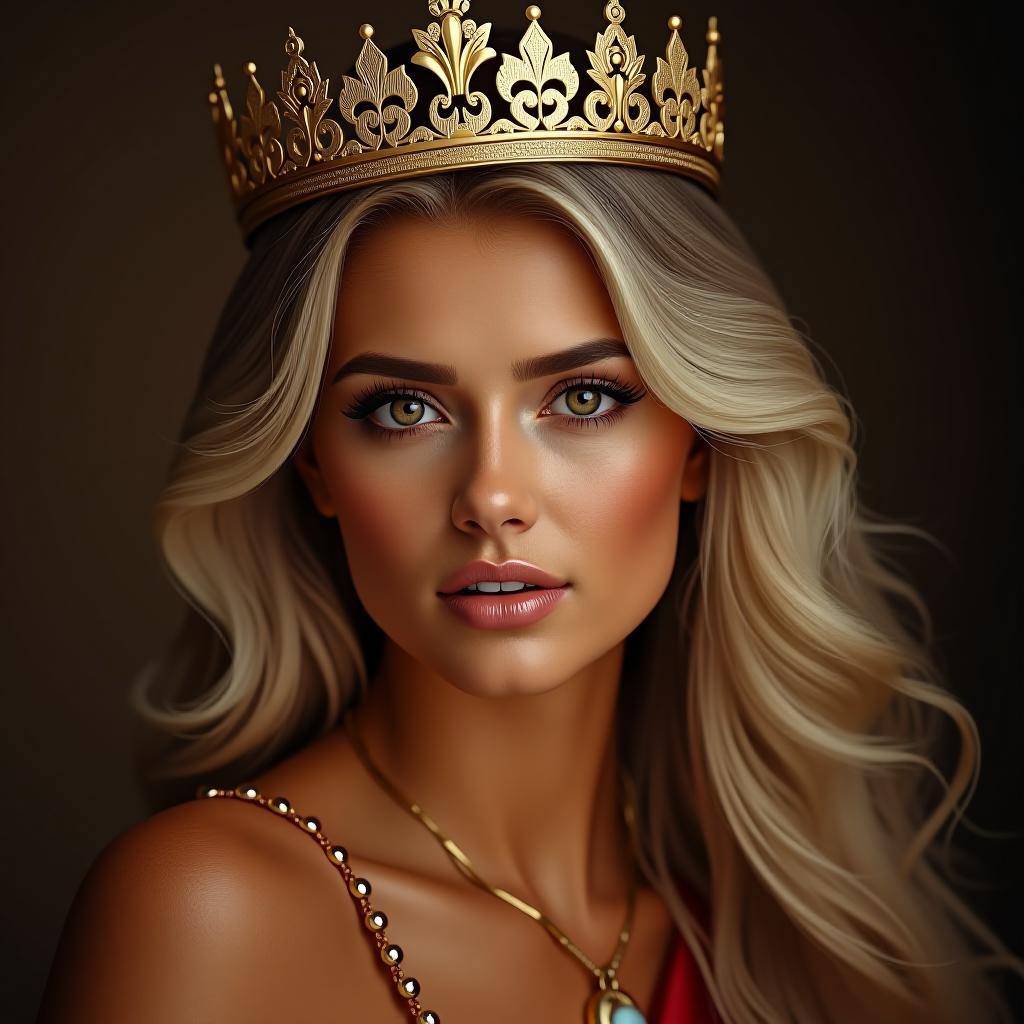  make an image of a blonde woman with brown eyes and tan olive skin wearing a gold crown with royal colored attire