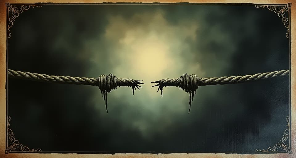  a rope fraying at the middle with a faint light behind, dark surrounding, sense of tension, impending break, distance. an illustration in the style of a worn, mystical old tarot trump card, mysterious and elements of surrealism. the colors are muted, somber and eerie, but with contrast bring out an occult and esoteric vibe.