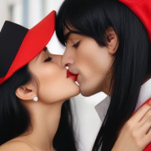 A man who carries bezel and red cap kisses a beautiful woman with long black hair, in full forex trading.