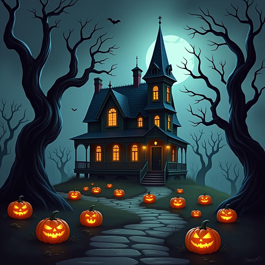  create a seamless digital painting of a spooky, halloween themed scene featuring a haunted house with gothic architecture. the house should be surrounded by twisted, gnarled trees and a multitude of jack o' lanterns. the scene should include a dark, cloudy sky to enhance the eerie atmosphere. the overall style should be detailed and atmospheric, capturing the essence of a haunted, creepy environment perfect for halloween, ensuring the design is seamless for use in repeating patterns or wraps.