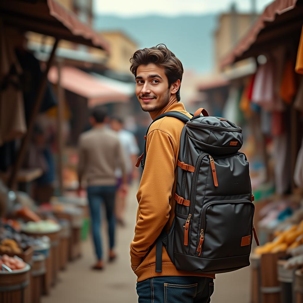  young traveling backpacker in road outdoor market