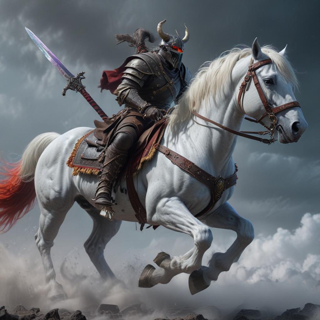 ((masterpiece)), (((best quality))), 8k, high detailed, ultra detailed, A minotaur death knight wielding a large two handed sword riding a rainbow colored pony galloping through white clouds, evil red eyes glowing menacingly, dark aura surrounding them, sword emitting a faint blue light hyperrealistic, full body, detailed clothing, highly detailed, cinematic lighting, stunningly beautiful, intricate, sharp focus, f/1. 8, 85mm, (centered image composition), (professionally color graded), ((bright soft diffused light)), volumetric fog, trending on instagram, trending on tumblr, HDR 4K, 8K