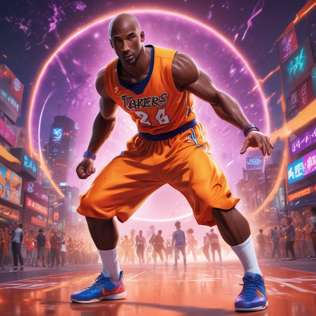 distance-shot, flashy, full-body, dynamic, holographic, animated cartoon poster of kobe scene in the style of dragon ball super