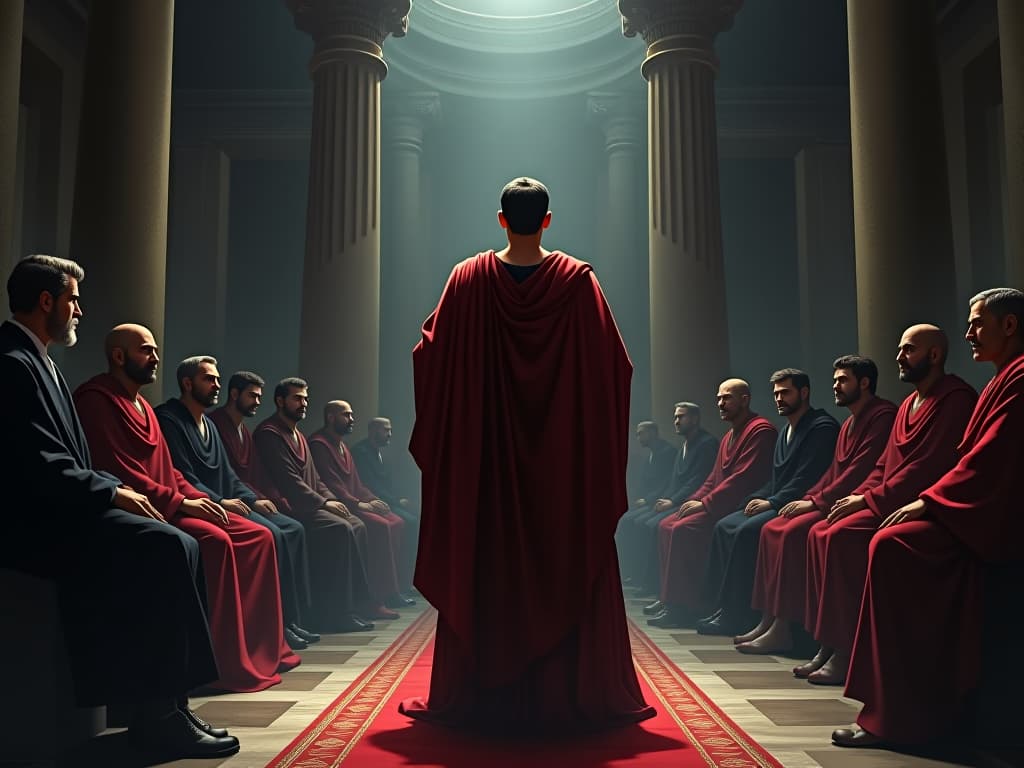  brutus in the roman senate, addressing a silent audience, toga representing dignity, stern expression, grand pillars surrounding, subtle hints of unease among the senators.. the style is dark fantasy and mysterious occult, symbolic, moody lighting, esoteric vibe,high detail on character design. for the color scheme emphasize blacks and reds.