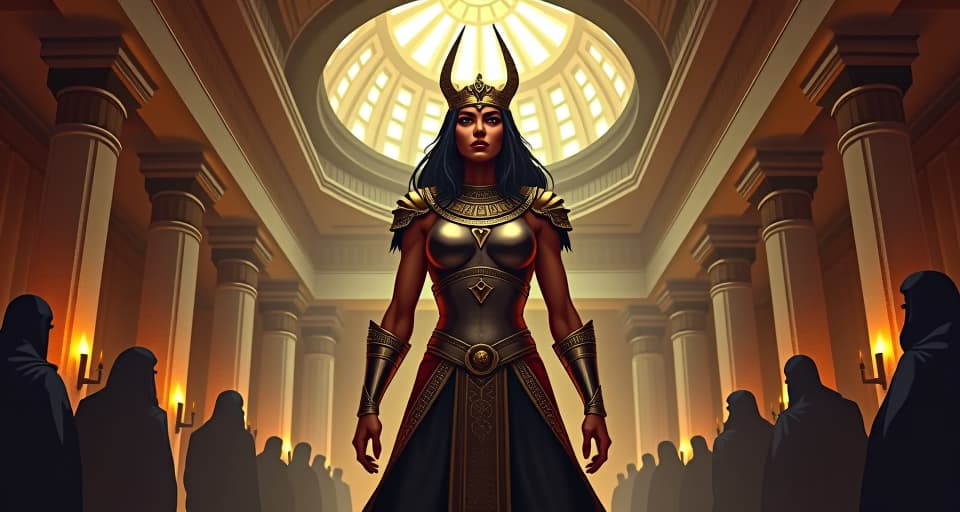  a grand hall with high, domed ceilings, an imposing, large busted warrior queen in tight armor standing tall, onlookers averting their eyes, atmosphere of undeniable authority. the style is digital art illustration / modern comic book / mysterious occult, symbolic, esoteric vibe,high detail on character design, incorporating ancient egyptian symbology and attire.