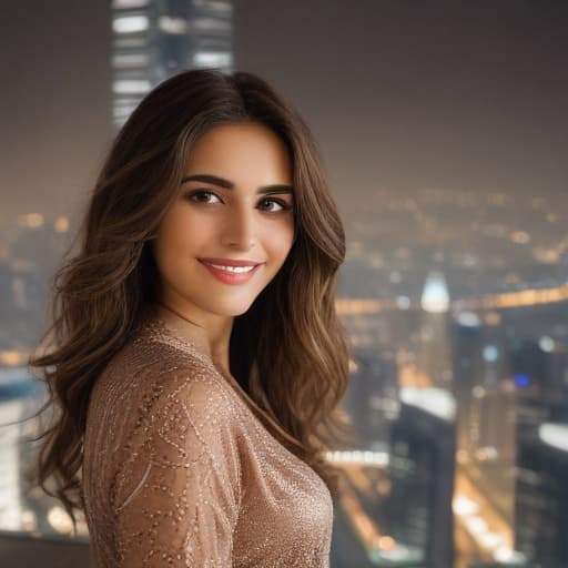 "A brunette woman with wavy brown hair wearing fashionable clothes posing for a photo at the top of the Burj Khalifa, Smiling, evening"