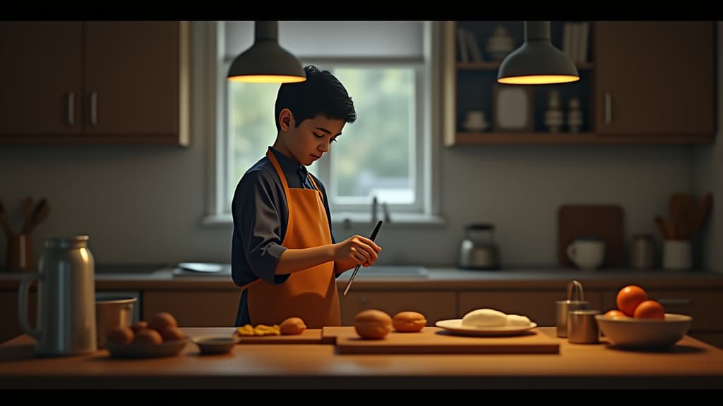  a saudi schoolboy prepares for school in the kitchen,use cinematic lighting,source filmmaker,4k