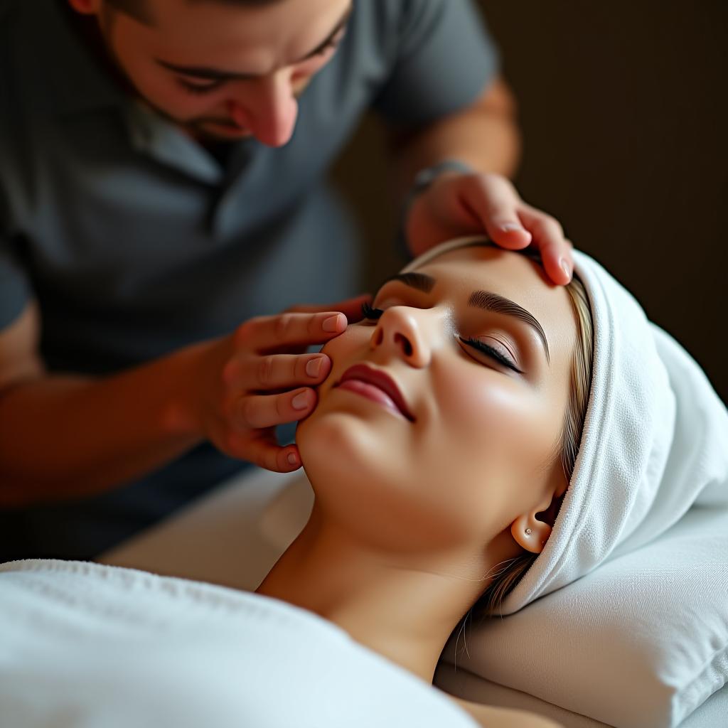  the masseur is giving a face massage to a beautiful girl.