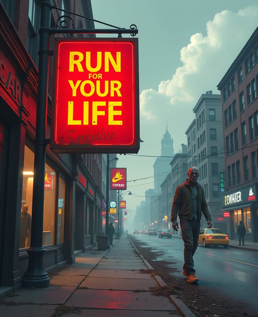  concept art a street advertising banner of sneakers with the slogan 'run for your life' against a backdrop of an urban wasteland with angry zombie, with the banner color red and the slogan in prominent yellow font . digital artwork, illustrative, painterly, matte painting, highly detailed