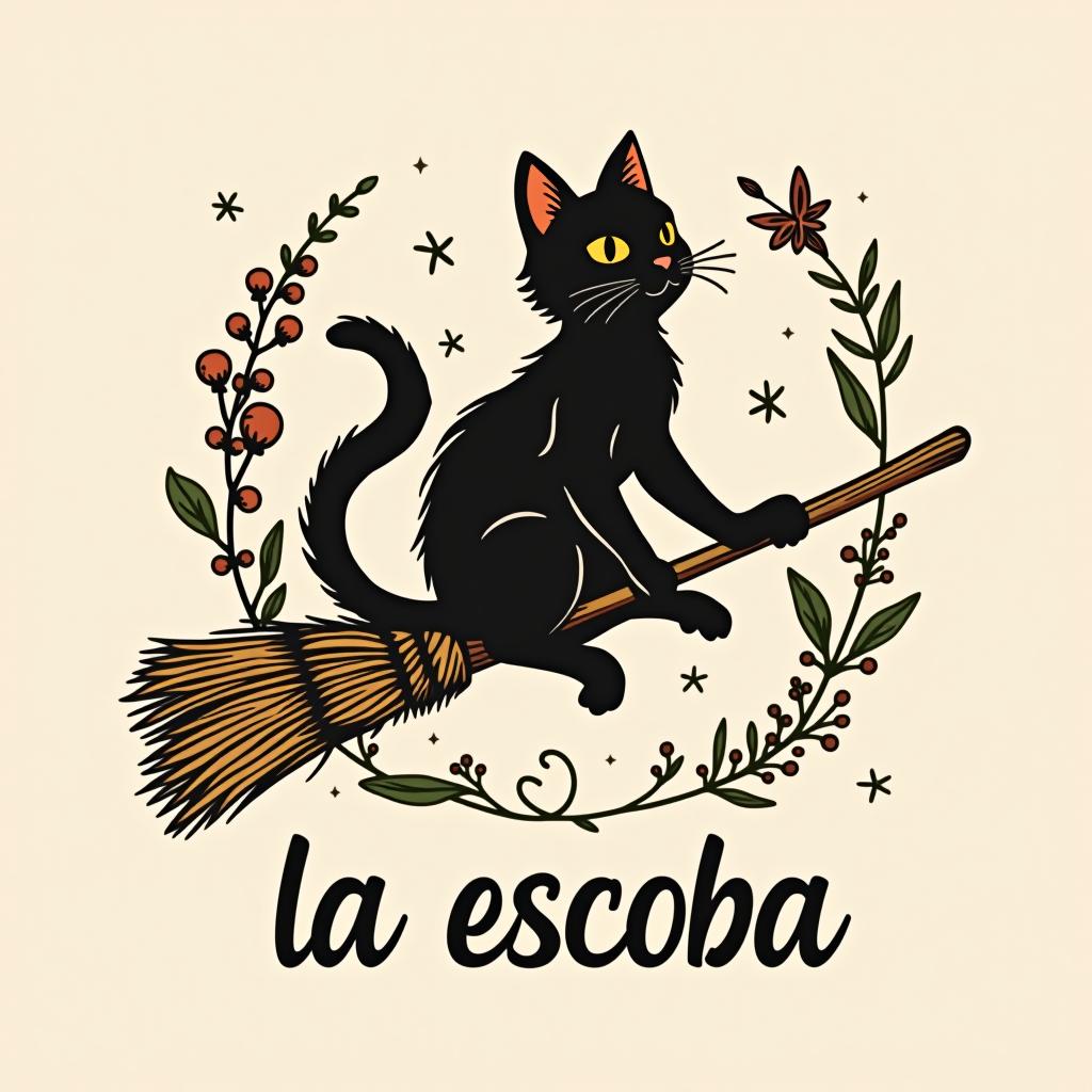  design a logo, witchy, black cat riding on a broom, dried herbs having off broom, cottage core aesthetic , with the text 'la escoba'.