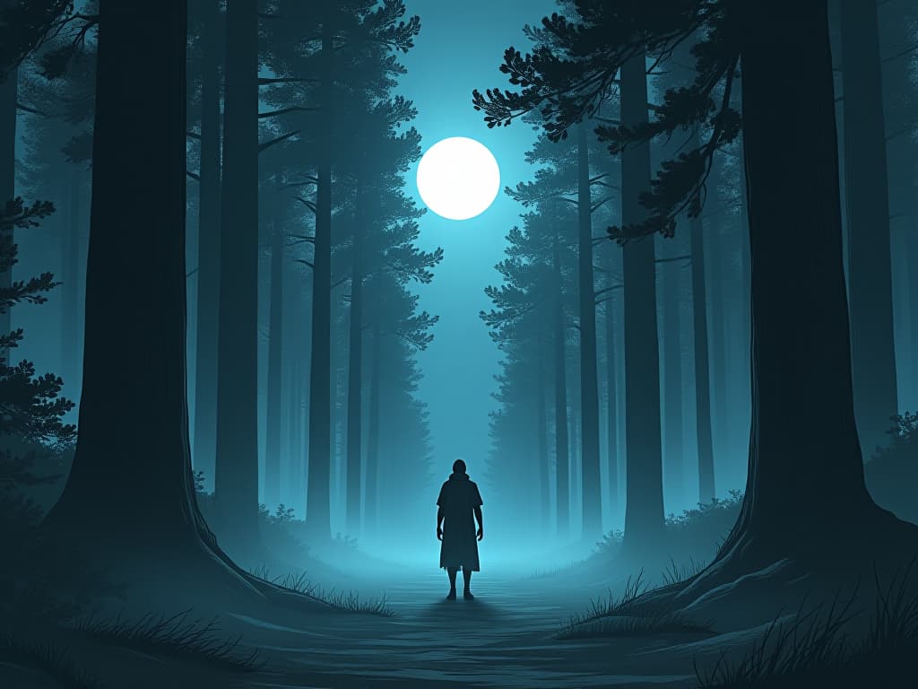  serene, secluded forest clearing under moonlight, surrounded by tall, ancient trees, fog rising from the ground, creating an ethereal atmosphere, solitary figure standing alone and contemplative. the style is digital art illustration / modern comic book / mysterious occult, symbolic, esoteric vibe,high detail on character design, incorporating ancient egyptian symbology and attire.