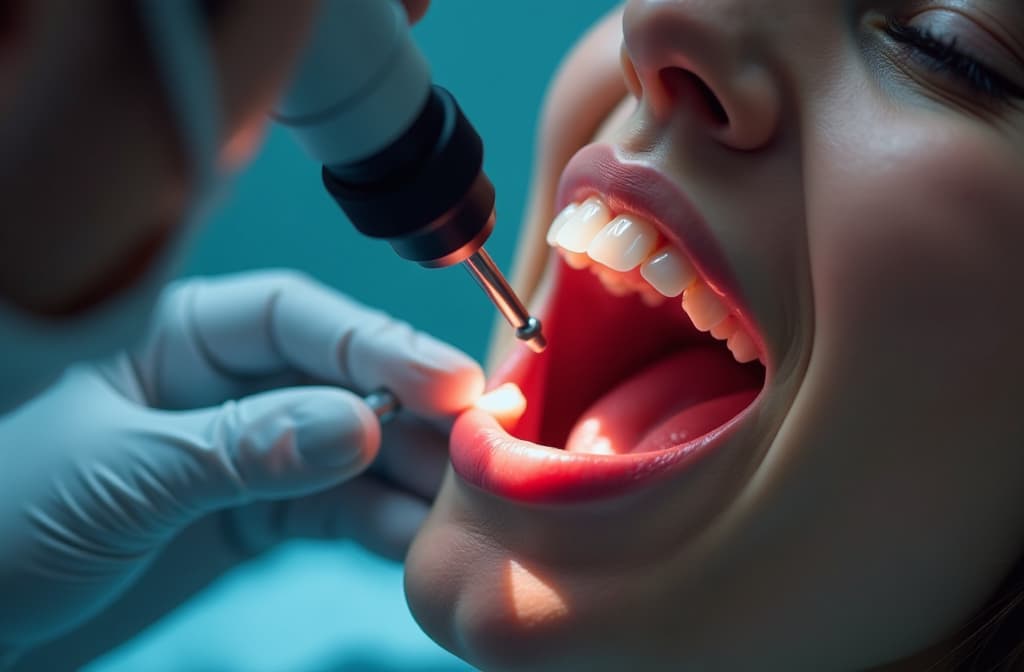  professional detailed photography, dentist with eye microscope looking into patient's open mouth, view from inside patient's mouth ar 3:2, (muted colors, dim colors, soothing tones), (vsco:0.3)