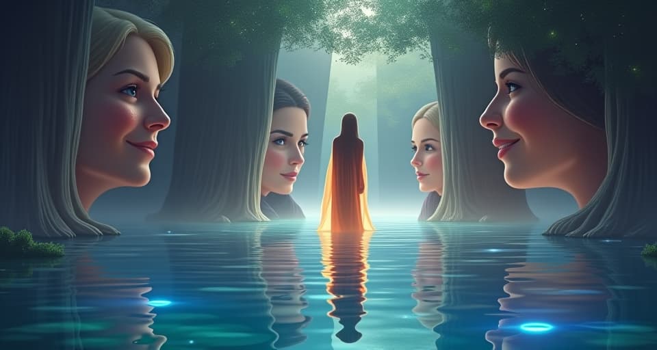  ethereal leader gazing into a reflecting pool, faces of family and friends appearing in the water. lucid dreamscape, twinkling lights, and a profound sense of community and support.. the style is digital art illustration,highly detailed, whimsical,magical, dreamlike atmosphere, realism and fantasy blend, smooth, glossy textures,luminous quality, wonder and enchantment.