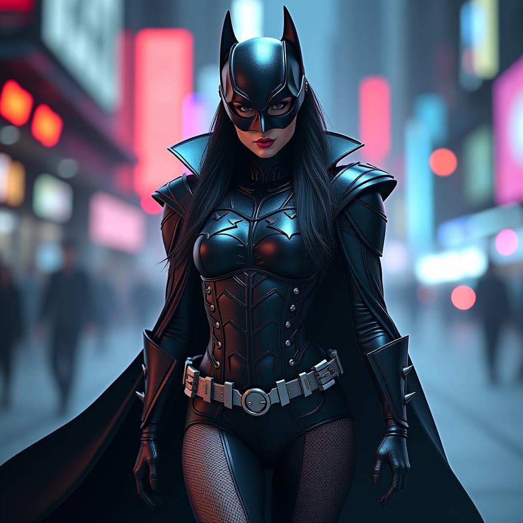  **futuristic diva in gotham city** hyperrealistic, full body, detailed clothing, highly detailed, cinematic lighting, stunningly beautiful, intricate, sharp focus, f/1. 8, 85mm, (centered image composition), (professionally color graded), ((bright soft diffused light)), volumetric fog, trending on instagram, trending on tumblr, HDR 4K, 8K