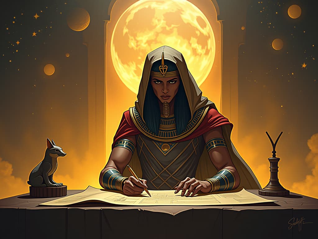  an architect at a cosmic drafting table, sculpting future realities, aura of destiny creation. the style is digital art illustration / modern comic book / mysterious occult, symbolic, esoteric vibe,high detail on character design, incorporating ancient egyptian symbology and attire.