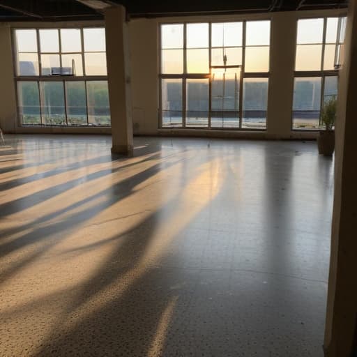 A photo of a team of professional terrazzo flooring installers meticulously creating a stunning pattern in a large, airy industrial loft space during the soft glow of early evening, with warm, diffused lighting casting gentle, elongated shadows across the intricate design as the last rays of sunlight filter through the tall windows.