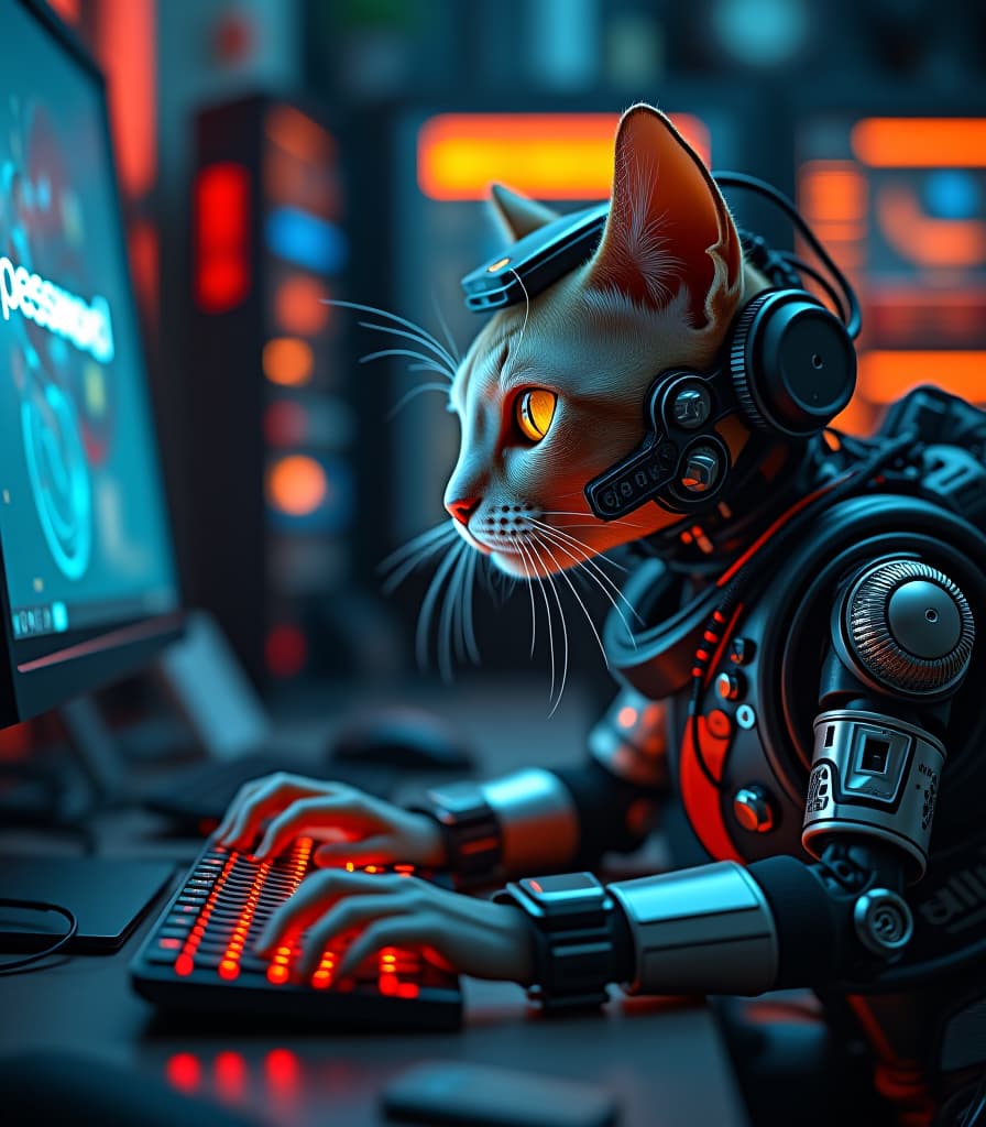  biomechanical cyberpunk a cyborg cat with numerous technical devices is typing on a computer keyboard, (on the monitor screen the text in large bold "password is incorrect"), high detail, high resolution, detailed skin, detailed eyes, detailed wires and leds, detailed background, cinematic, (large depth of field:1.2), hyper realism, many small details, perfect composition and foreshortening. . cybernetics, human machine fusion, dystopian, organic meets artificial, dark, intricate, highly detailed hyperrealistic, full body, detailed clothing, highly detailed, cinematic lighting, stunningly beautiful, intricate, sharp focus, f/1. 8, 85mm, (centered image composition), (professionally color graded), ((bright soft diffused light)), volumetric fog, trending on instagram, trending on tumblr, HDR 4K, 8K