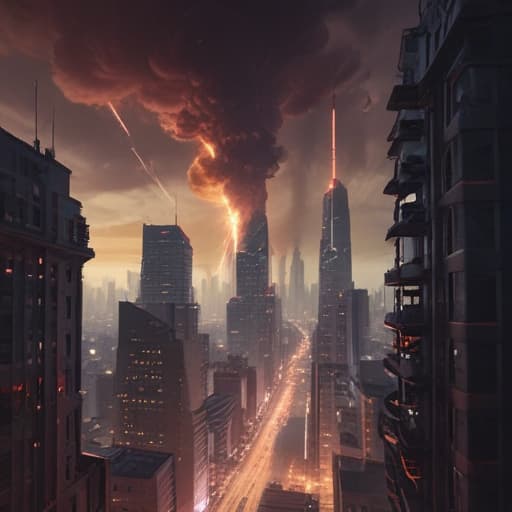 In the midst of a futuristic cityscape, a towering skyscraper looms in the background, emitting a dark, ominous glow. From the top of the building, intricate machinery releases a volley of sleek, deadly missiles into the sky. The night is illuminated by the fiery trail left behind as the missiles streak towards their target. The scene is filled with tension and anticipation, as the city below braces for impact. fantastical creatures or characters inspired by mythology, folklore, or popular culture. use vibrant colors, sharp lines, intricate details, dynamic poses, dramatic lighting, atmospheric backgrounds, and blend anime, manga, and Western comic influences.
