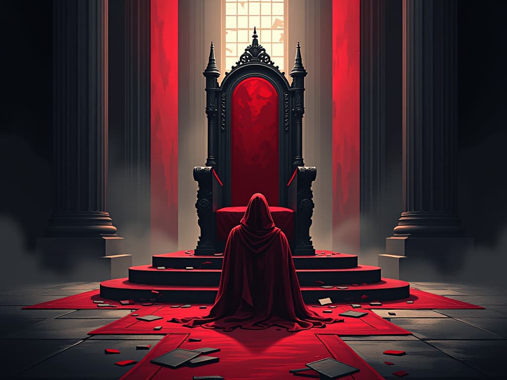  throne room with broken red throne, figure in tattered red robes kneeling before it, light from shattered windows, air of judgment. the style is digital art illustration / modern comic book / graphic dark novel fantasy and mysterious occult, symbolic, moody lighting, esoteric vibe,high detail on character design. for the color scheme emphasize blacks and reds.