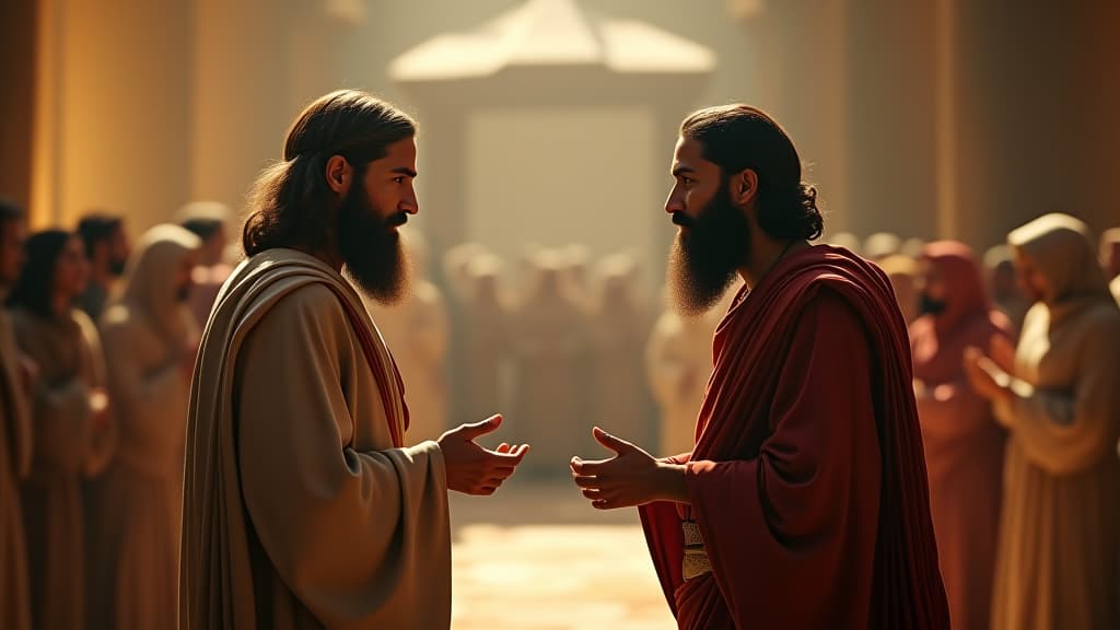  history of biblical times, a depiction of moses expressing to aaron the seriousness of the lord's words, with the tabernacle in the background and the people of israel reacting. hyperrealistic, full body, detailed clothing, highly detailed, cinematic lighting, stunningly beautiful, intricate, sharp focus, f/1. 8, 85mm, (centered image composition), (professionally color graded), ((bright soft diffused light)), volumetric fog, trending on instagram, trending on tumblr, HDR 4K, 8K