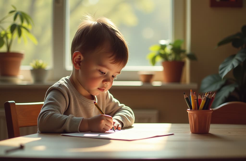  professional detailed photography, boy sitting at table drawing with colored pencils in cozy children's room, sunny day ar 3:2, (muted colors, dim colors, soothing tones), (vsco:0.3)