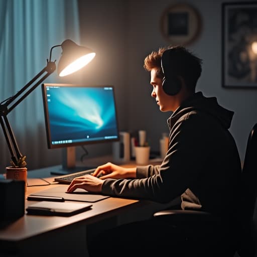  web developer desk, 8k hyperrealistic, full body, detailed clothing, highly detailed, cinematic lighting, stunningly beautiful, intricate, sharp focus, f/1. 8, 85mm, (centered image composition), (professionally color graded), ((bright soft diffused light)), volumetric fog, trending on instagram, trending on tumblr, HDR 4K, 8K