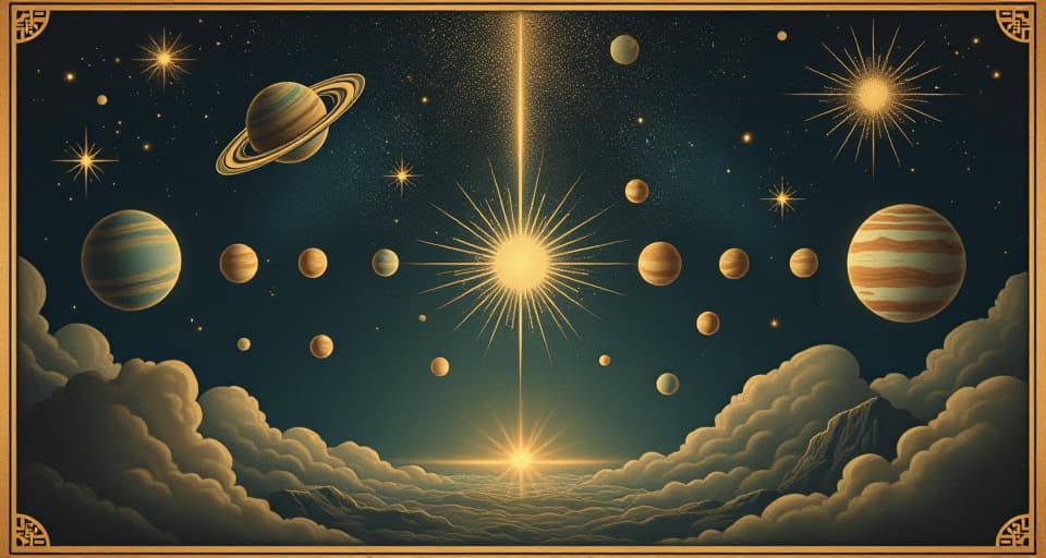  a galactic alignment, planets and stars forming a straight line, radiant light connecting them, cosmic forces converging, profound, fateful. an illustration in the style of a worn, mystical old tarot trump card, mysterious and elements of surrealism. the colors are muted, somber and eerie, but with contrast bring out an occult and esoteric vibe.