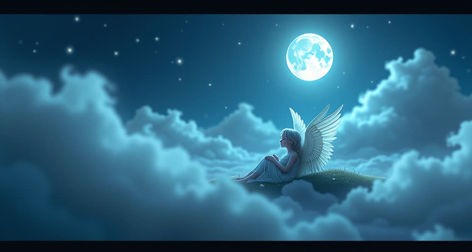  a moonlit ethereal landscape, an angelic being resting peacefully, surrounded by soft, glowing mist. the scene is tranquil and dreamlike.. the style is digital art illustration,highly detailed, whimsical,magical, dreamlike atmosphere, realism and fantasy blend, smooth, glossy textures,luminous quality, wonder and enchantment.