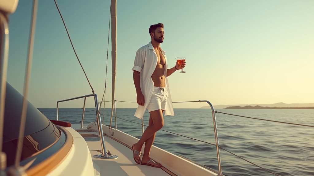  breathtaking a full length young man in shorts and a white loose shirt stands on a yacht with a cocktail in his hands on a sunny summer day . award winning, professional, highly detailed