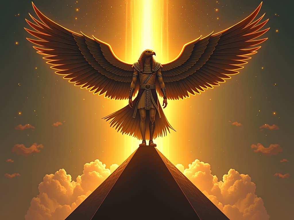  horus in falcon headed form, standing atop a celestial pyramid, wings outstretched, golden light surrounding, symbolizing divine transformation, mood of awe and empowerment. the style is digital art illustration / modern comic book / mysterious occult, symbolic, esoteric vibe,high detail on character design, incorporating ancient egyptian symbology and attire.