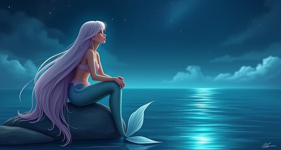  an ethereal mermaid with long flowing hair, sitting on a rock by the shore under a star lit sky. her expression is one of quiet contemplation, suggesting a sense something isn’t right.. the style is digital art illustration,highly detailed, whimsical,magical, dreamlike atmosphere, realism and fantasy blend, smooth, glossy textures,luminous quality, wonder and enchantment.