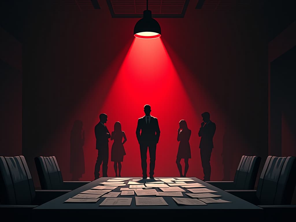  a relentless spotlight on a sleek, corporate office, silhouettes of colleagues whispering in the background, papers and documents scattered around, visible tension in the air.. the style is dark fantasy and mysterious occult, symbolic, moody lighting, esoteric vibe,high detail on character design. for the color scheme emphasize blacks and reds.