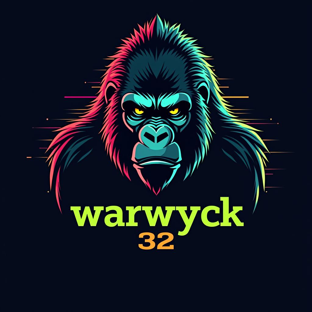  design a logo, in a realism style. electronic gorilla, with the text 'warwyck 32'.