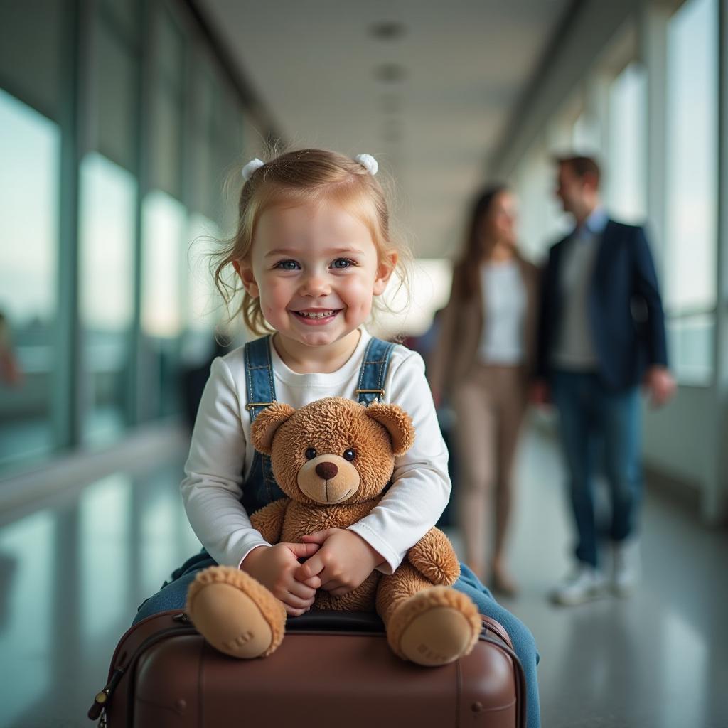  professional detailed photography, happy little girl sitting on suitcase and holding teddy bear, happy mom and dad in background, blurry background, airport, (muted colors, dim colors, soothing tones), (vsco:0.3)