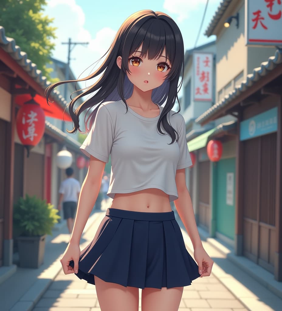  a japanese girl in crop top and short skirt, high quality, high details, hd, perfect composition, 4k epic detailed, highly detailed, sharp focus, high resolution