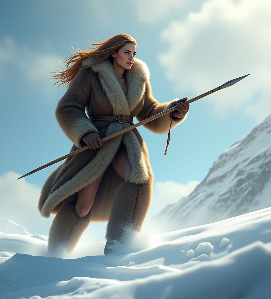  it is the ice age. a voluptuous woman wearing a coat made out of bear skin is hunting in the snow. action pose, spear ready in her left hand. fantasy image. ultra detailed. intricate details. uhd.