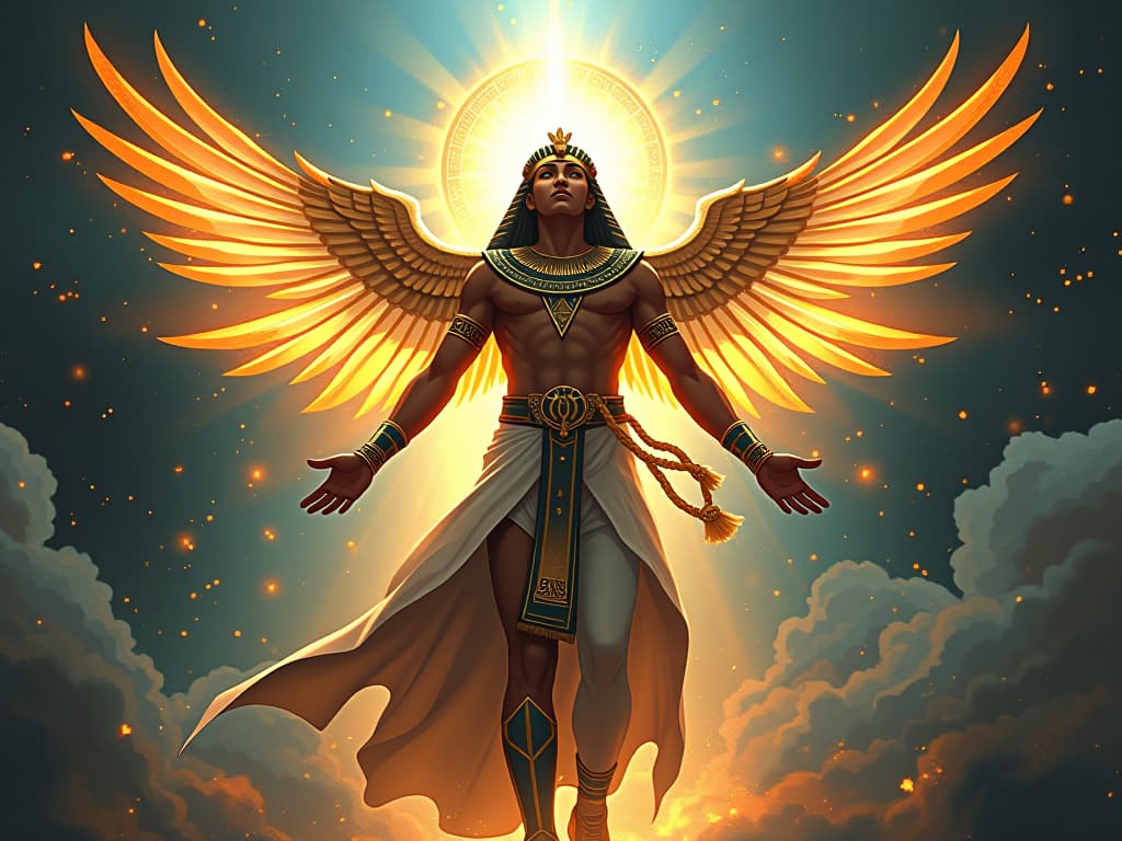  a radiant figure transforming the world with their presence, surrounded by a cosmic aura, symbolizing divine transformation. the style is digital art illustration / modern comic book / mysterious occult, symbolic, esoteric vibe,high detail on character design, incorporating ancient egyptian symbology and attire.