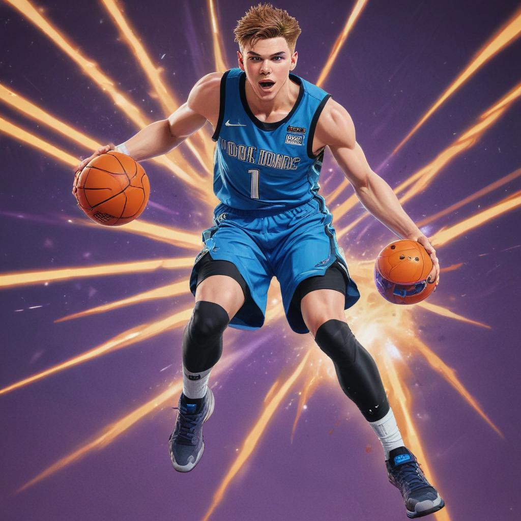 distance-shot, flashy, full-body, dynamic, holographic, animated cartoon poster of luka doncic in the style of dragon ball super