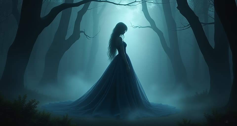  an elegant but shadowy figure, surrounded by a dark, misty aura in a twilight forest, with ethereal whispers floating around. the scene is imbued with a sense of inherited curses and dark legacy.. the style is digital art illustration,highly detailed, whimsical,magical, dreamlike atmosphere, realism and fantasy blend, smooth, glossy textures,luminous quality, wonder and enchantment.